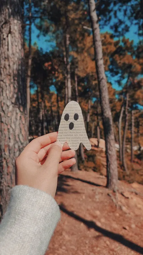Person Holding Ghost Prop in Forest for Halloween image