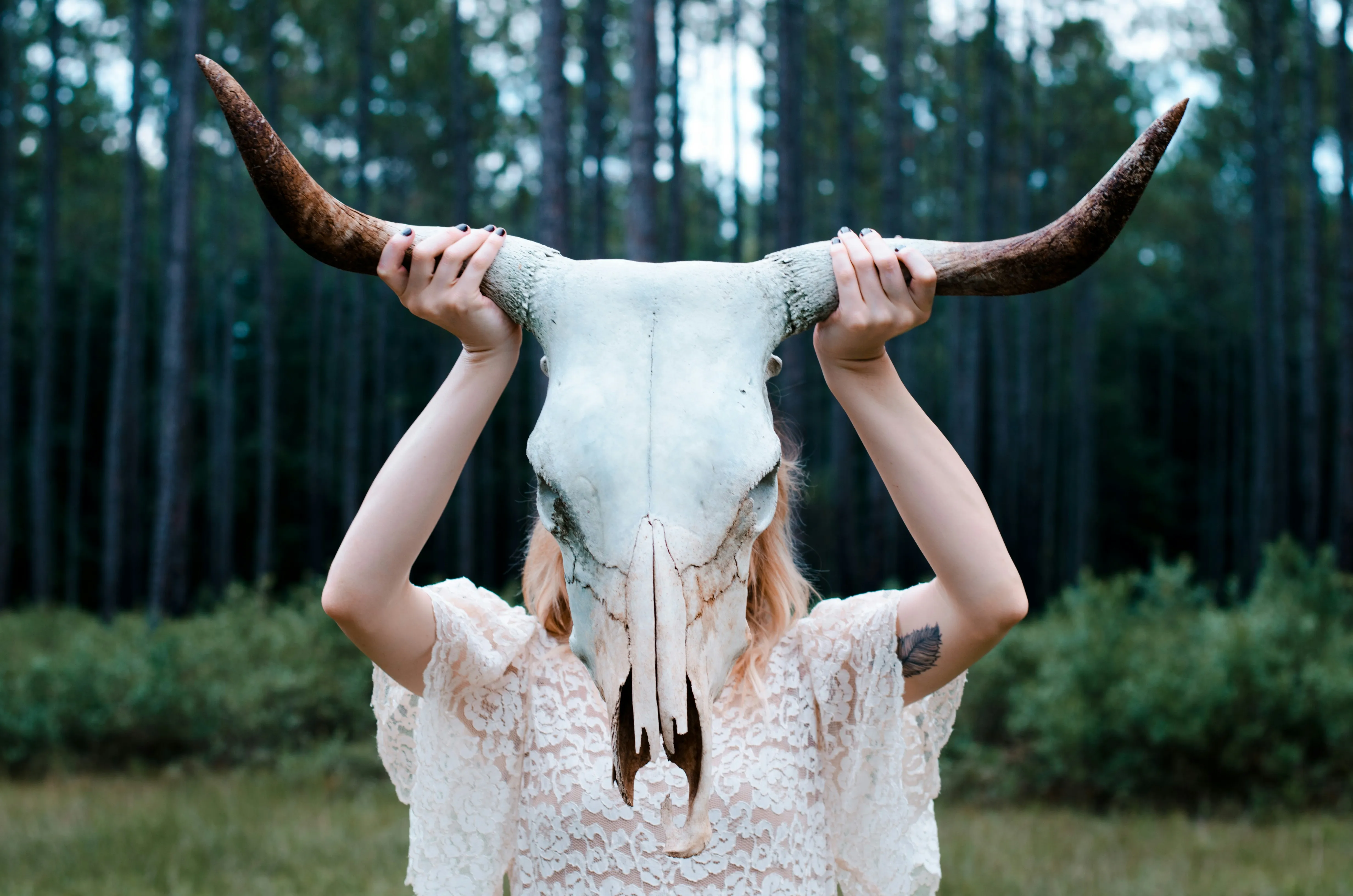 Person Holding Large Animal Skull Mask Outdoors Wallpaper
