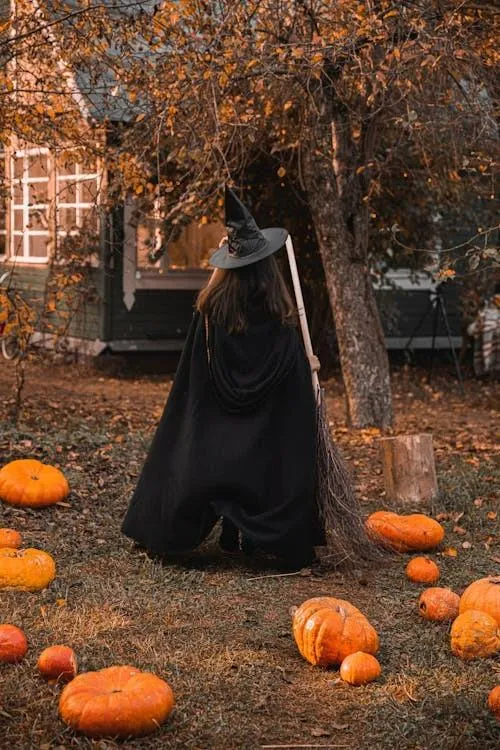 Person in Black Cloak Walking Through Pumpkin Patch HD