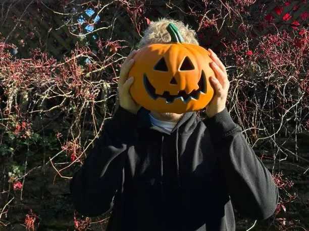 Person in black with carved pumpkin head near red bush