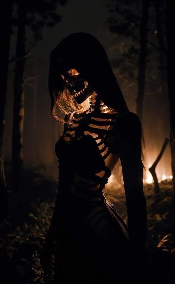 Person in dark outfit with pumpkin head at Halloween festival