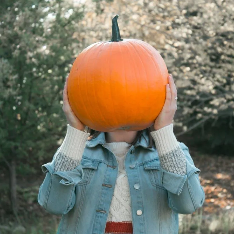 Person in Denim with Pumpkin Head at Halloween Festival