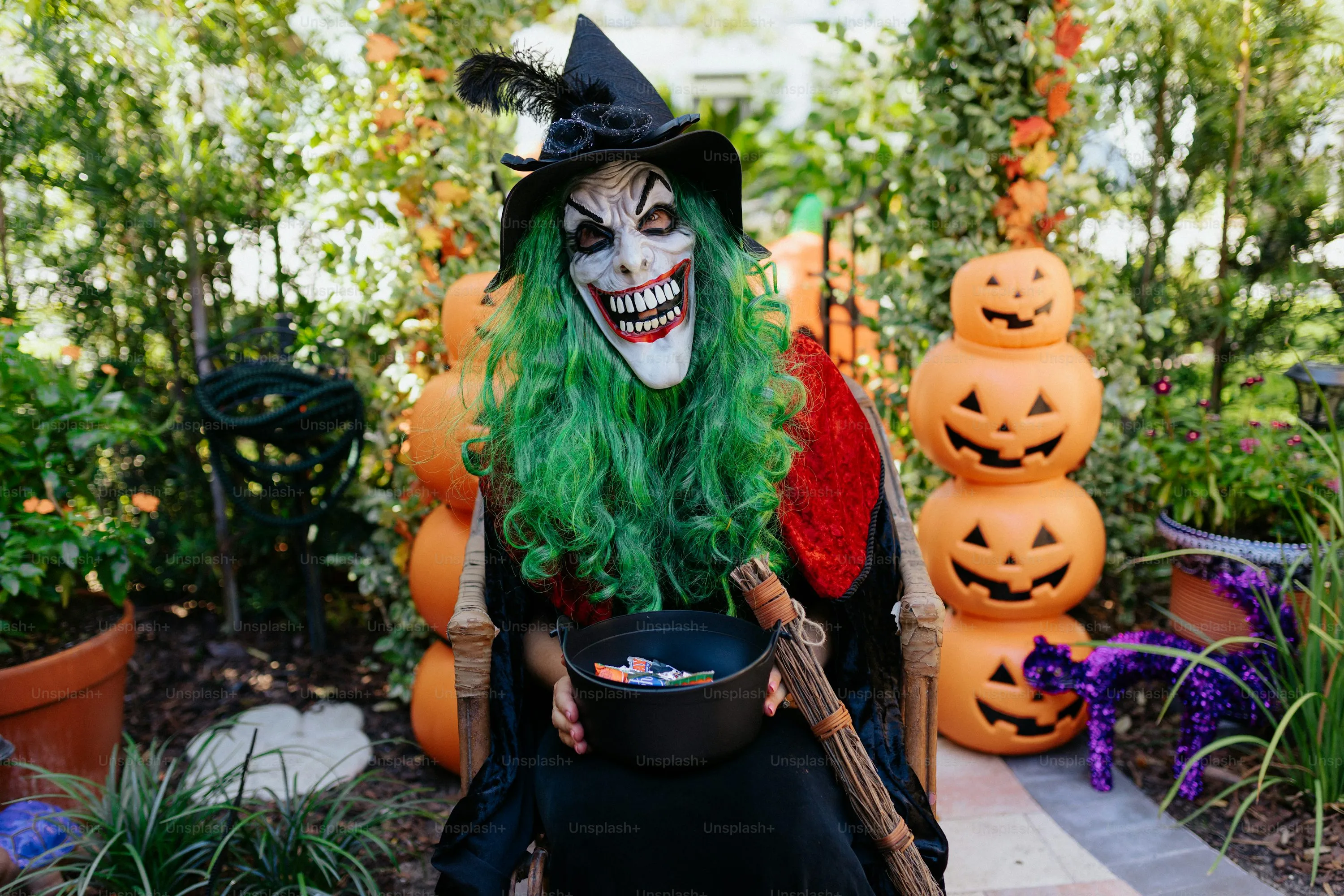 Person in Green Wig and Halloween Costume Outdoors