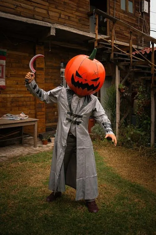 Person in Haunted Outfit with Pumpkin Head at Halloween