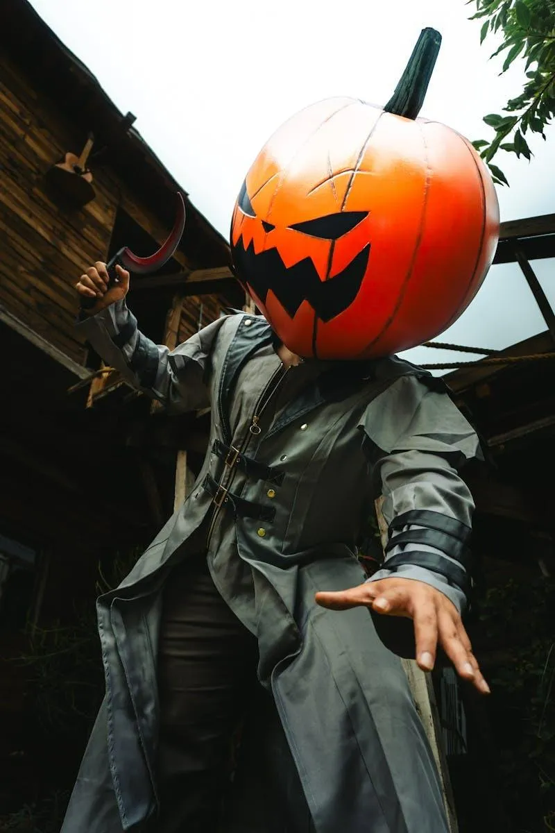 Person in Long Coat and Pumpkin Head Holding Weapon