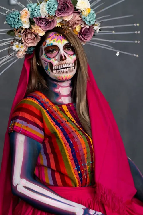 Person in Mexican Costume with Floral Headpiece for Halloween
