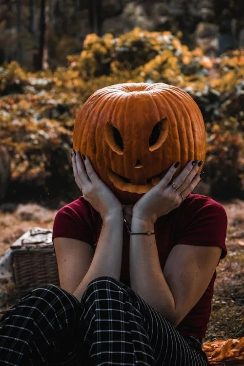 Person in Pumpkin Costume with Fall Background image