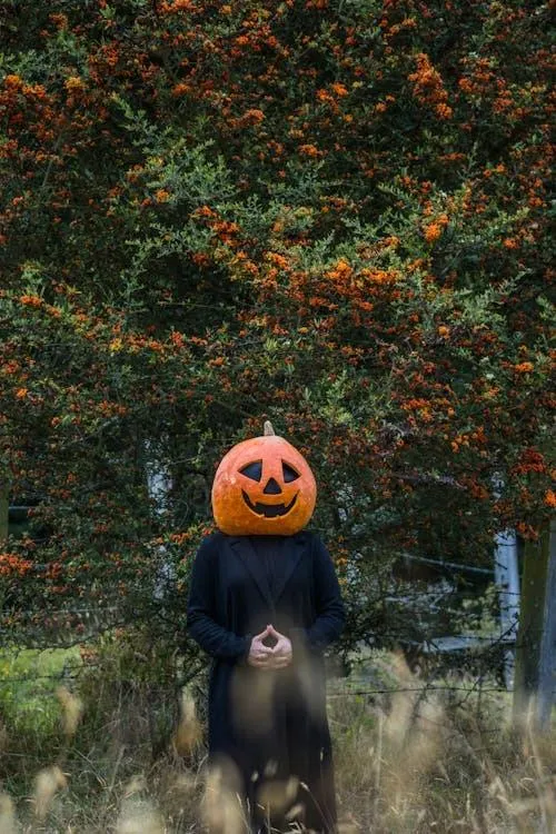 Person in Pumpkin Head Mask Standing by Trees in Forest