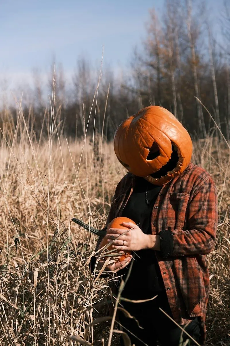 Person in Pumpkin Mask Holding Pumpkin in a Corn Field