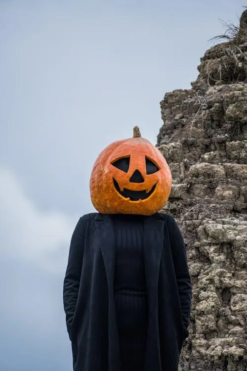 Person in Witch Hat with Pumpkin Head near hills image
