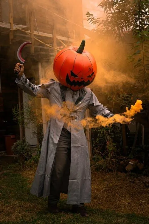 Person wearing a pumpkin head costume with smoke Portrait