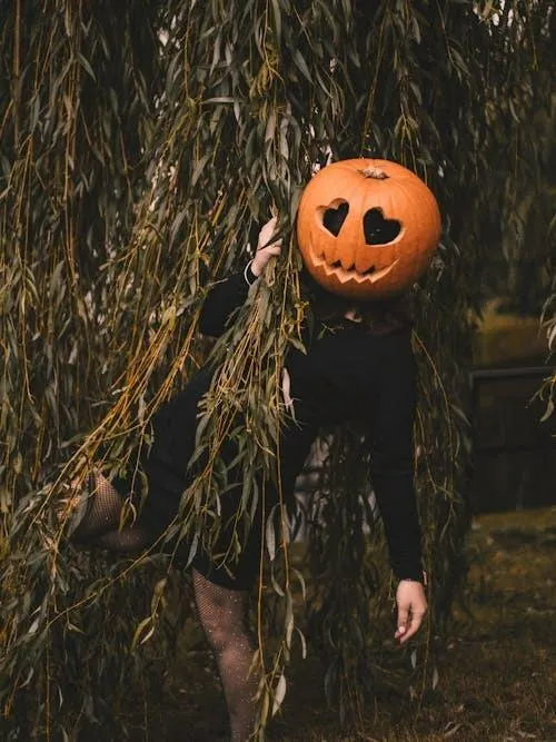 Person Wearing Pumpkin Head in Forest Setting HD Image