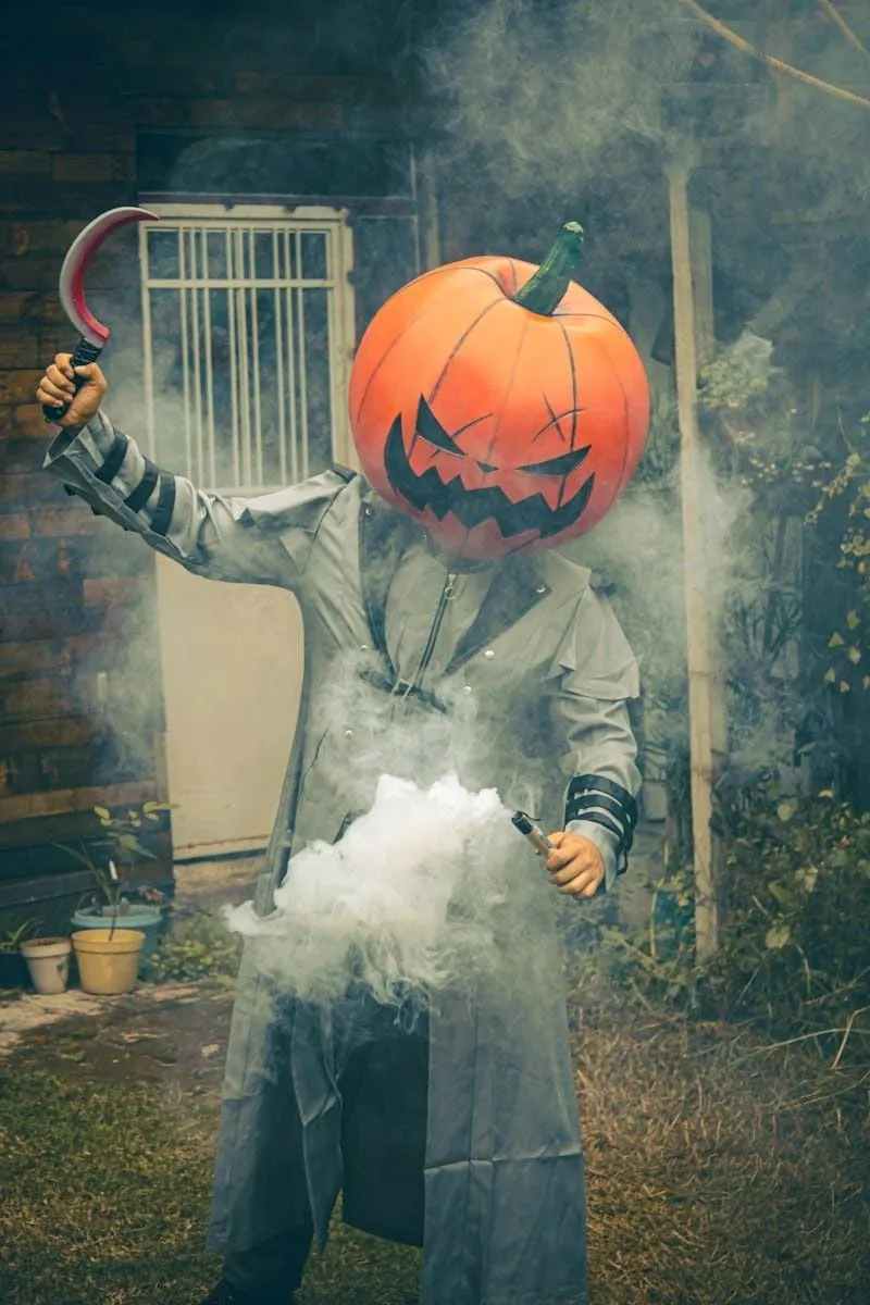 Person Wearing Pumpkin Head with Orange Smoke Bomb image