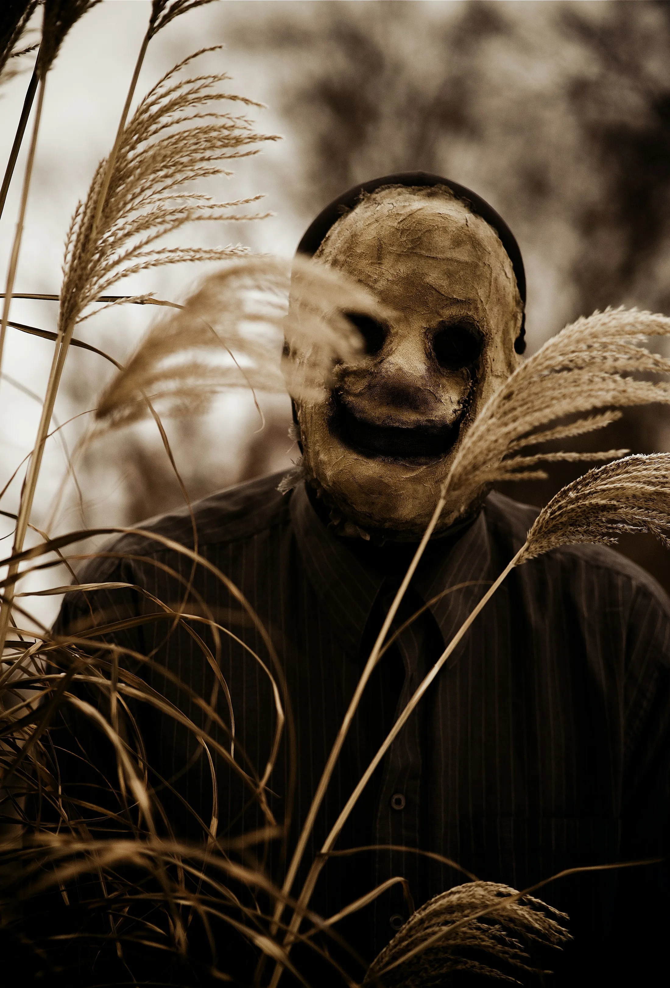 Person Wearing Skeleton Mask Atanding Near Plants Image