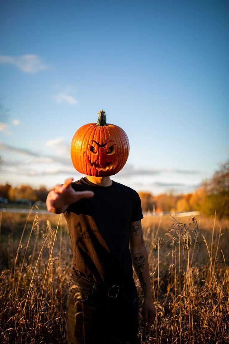 Person with Pumpkin Head Mask Posing in Autumn Field