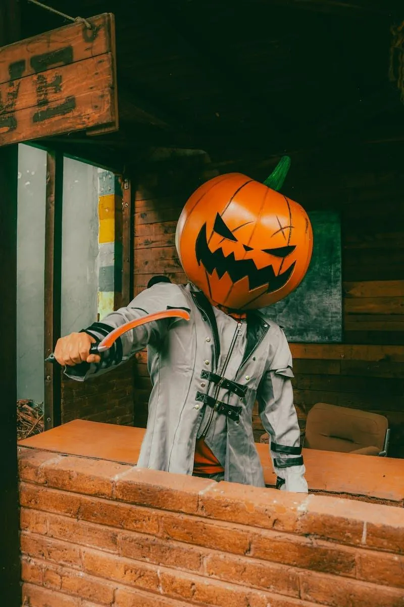 Person with Pumpkin Head Outside by Brick Wall HD iimage