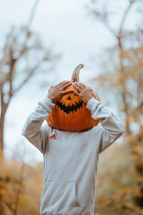 Person with Pumpkin Head Posing in a Fall Forest Wallpaper