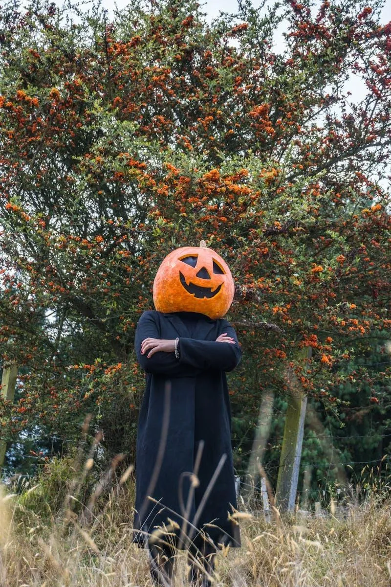 Person with Pumpkin Mask Standing Alone in Fall Landscape