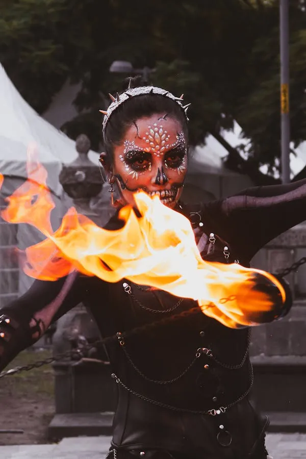 Person with skull makeup and fire performing at a Halloween