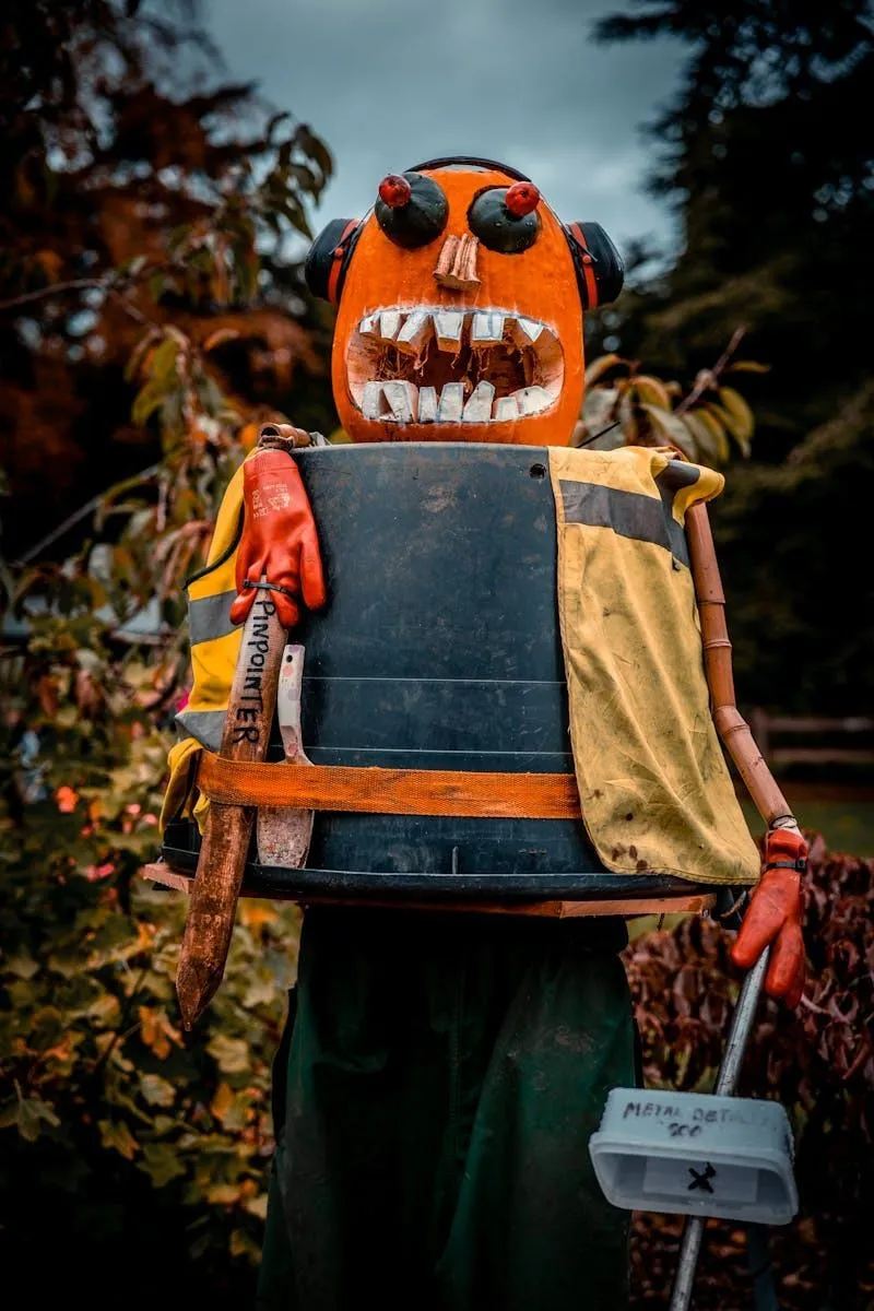 Playful Pumpkin Scarecrow in Autumn Garden Setting HD