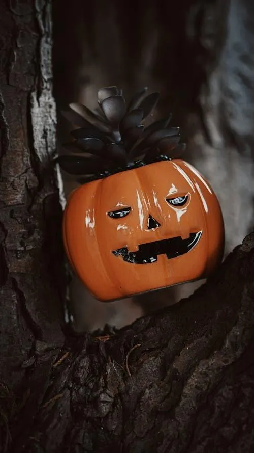 Polished Pumpkin Hanging on Tree Trunk in Fall Wallpaper