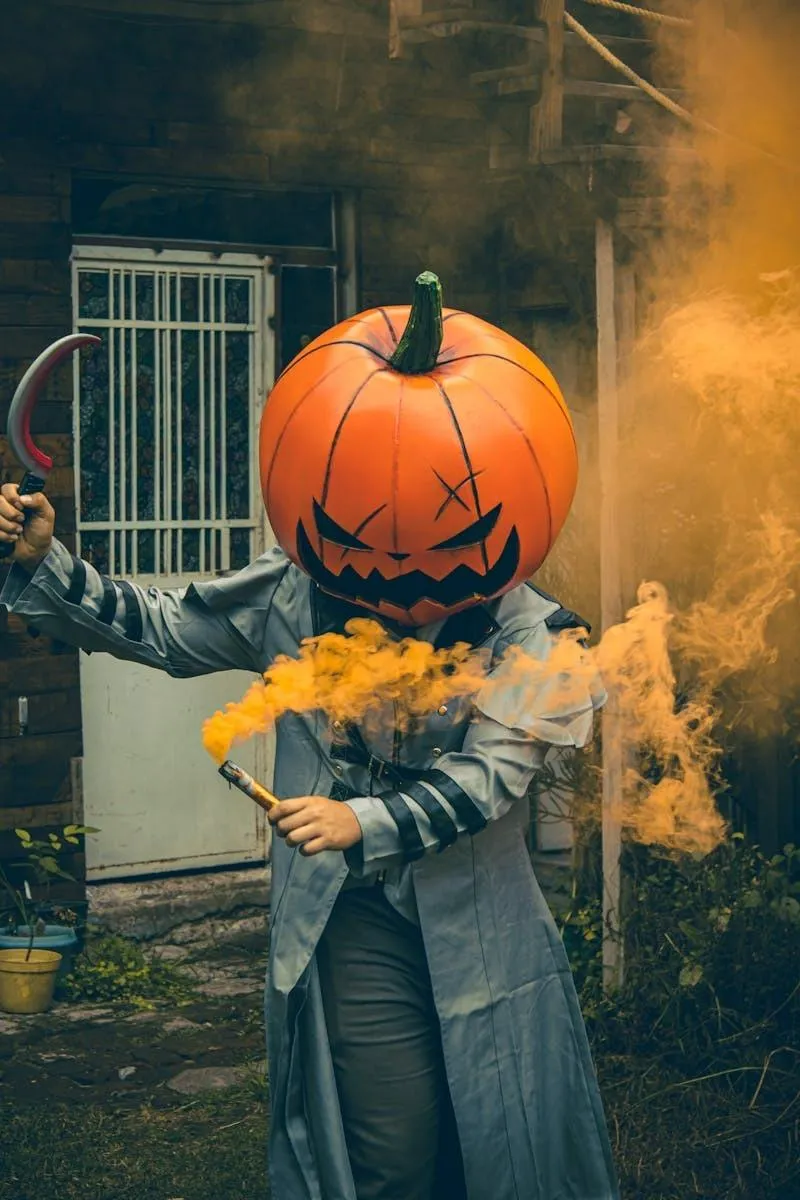 Portrait image of man with Pumpkin Head and Smoke Effect