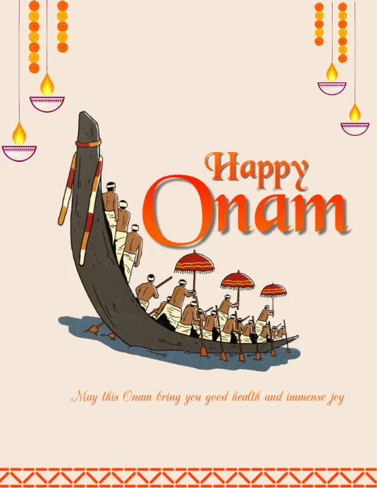 Poster on Onam in the happy Onam text and lamp design