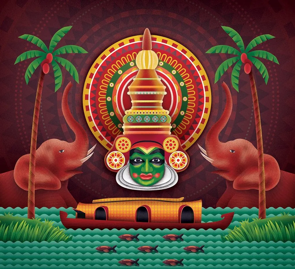 Poster with vallam kali and kathakali with elephant image