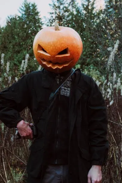 Pumpkin Head Character in Dark Forest with Creepy Ambiance