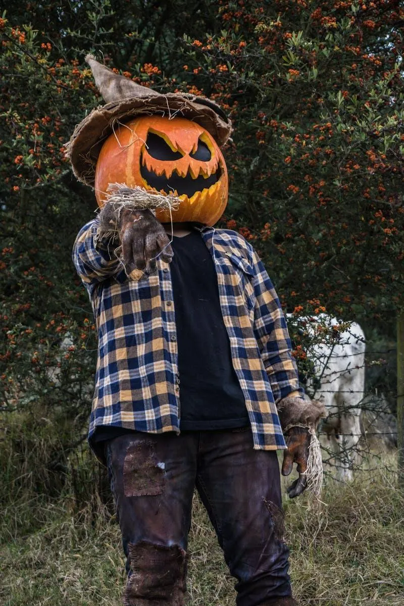 Pumpkin Head Costume in Autumn Forest Setting Wallpaper
