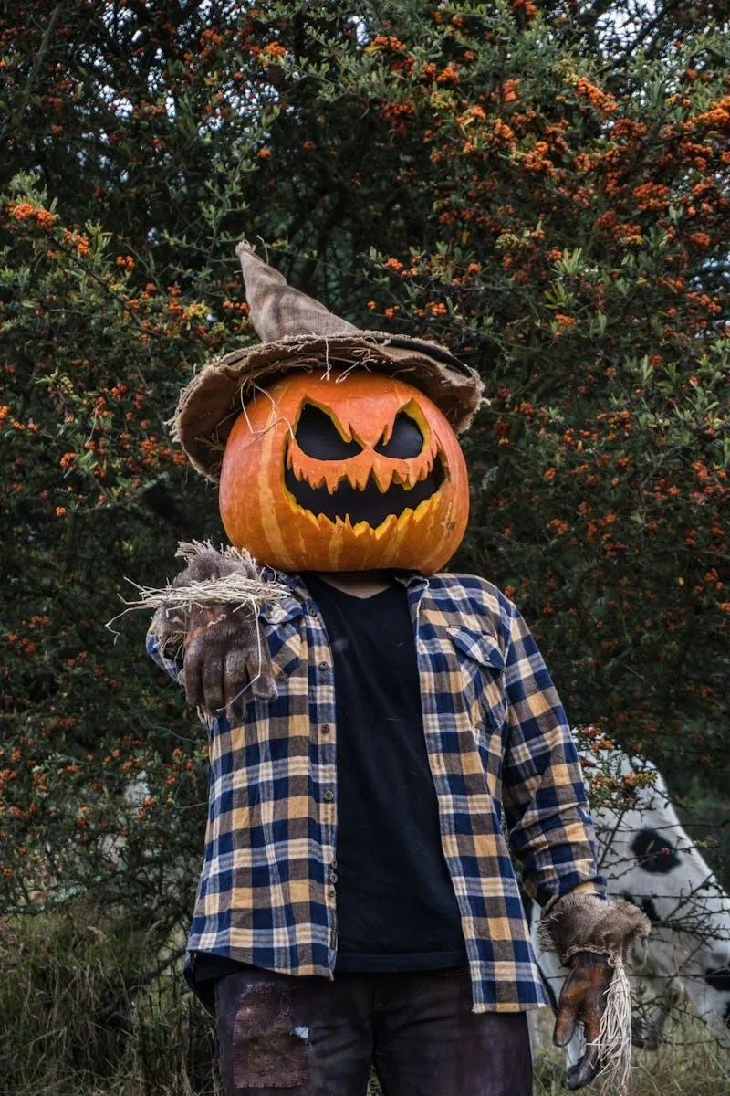 Pumpkin Head Costume Outdoors with Scarecrow Decoration