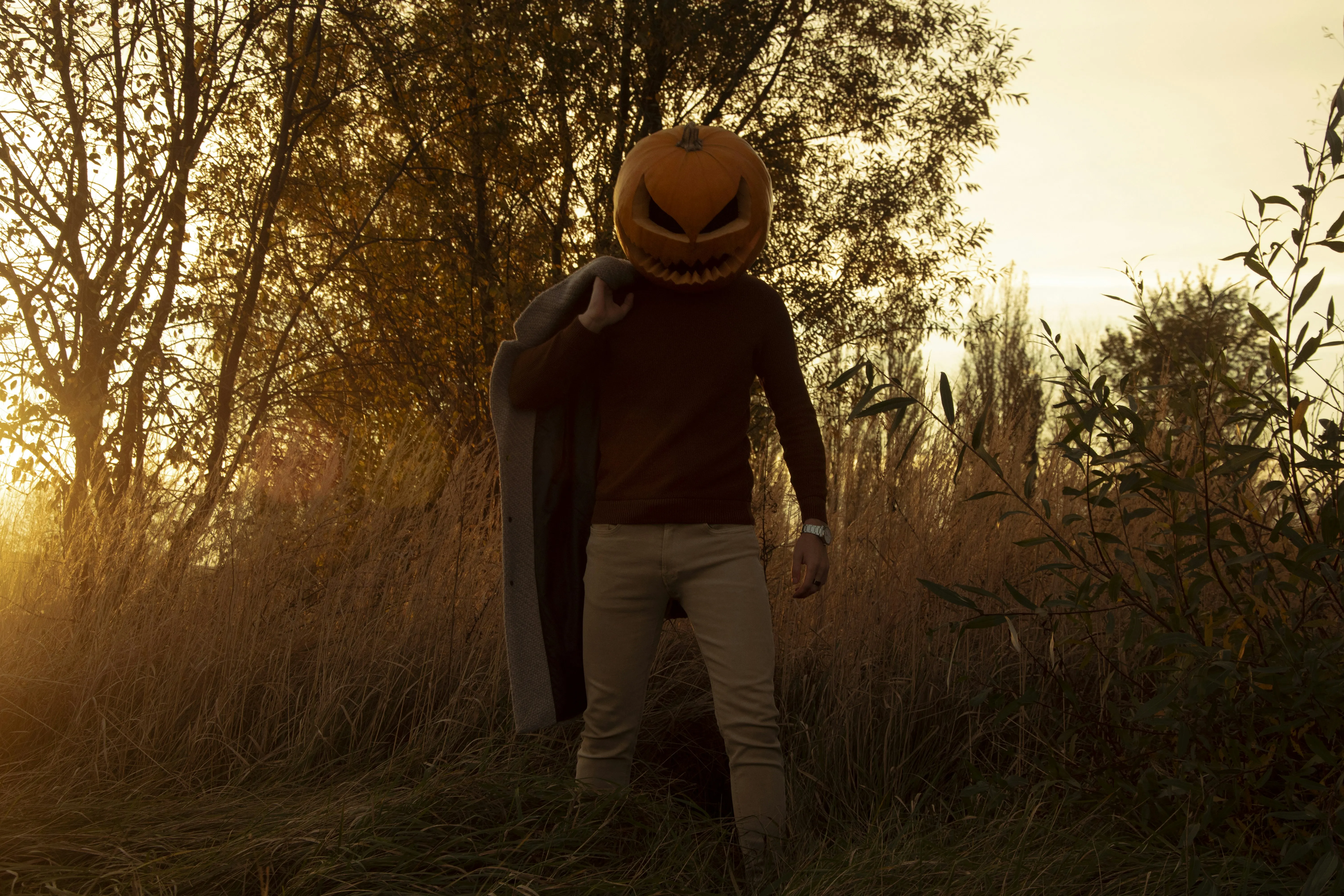 Pumpkin Head Figure in Sunset Field free 4K Wallpaper