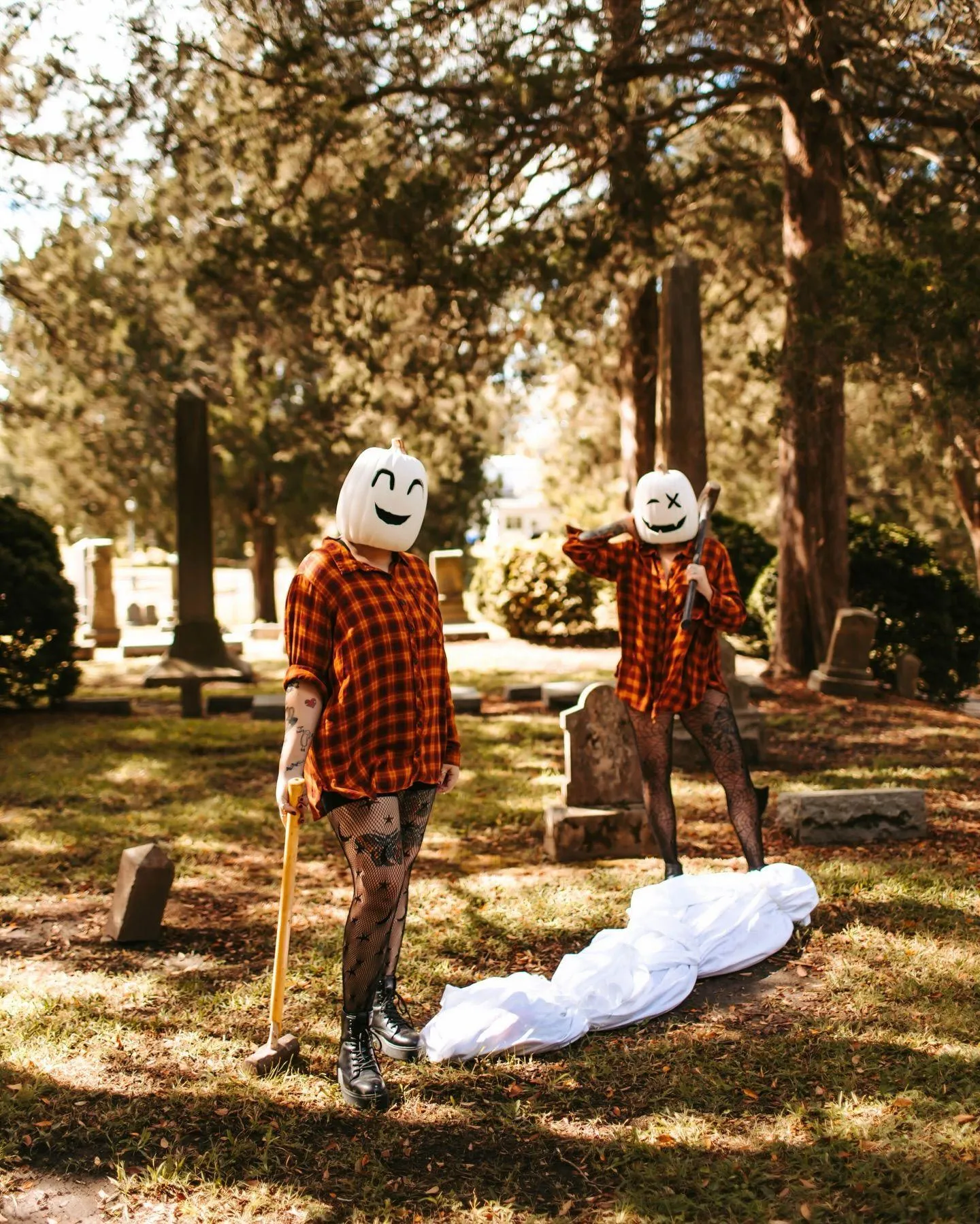Pumpkin Head Figures Walking Through Halloween Forest Scene