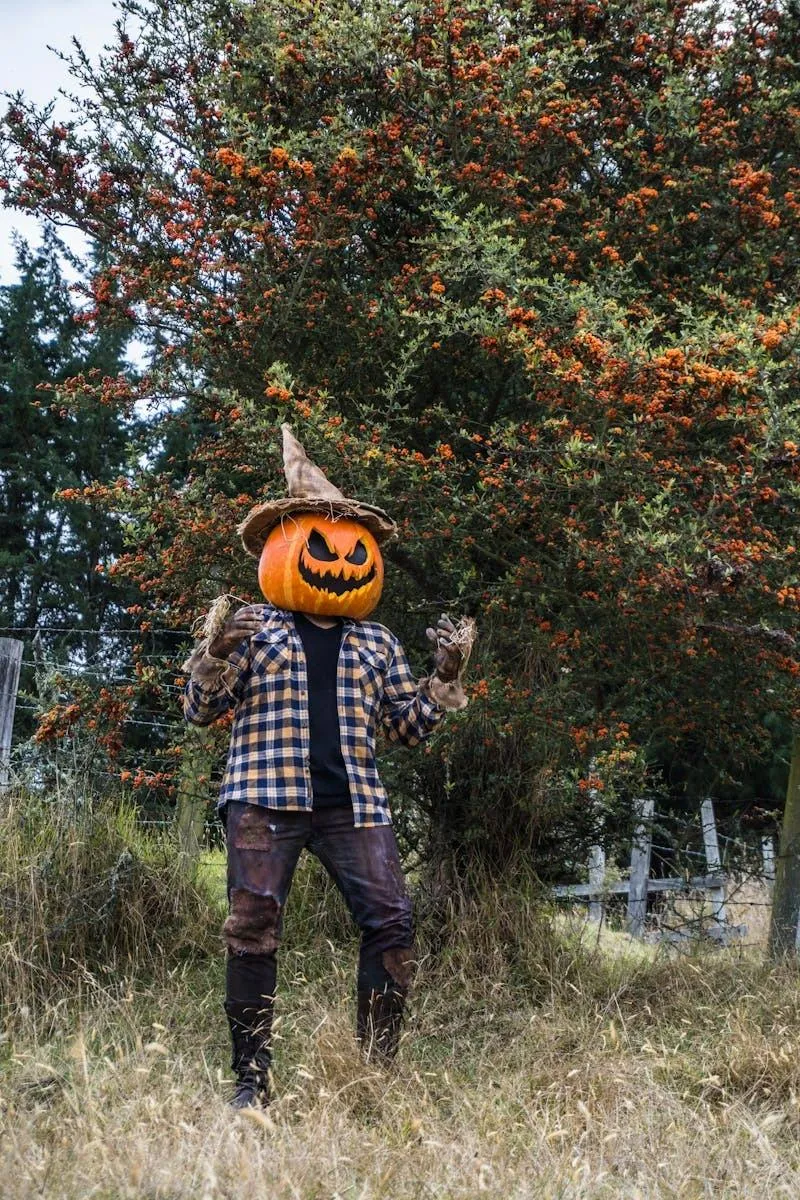 Pumpkin Head Person Posing in Forest with Fall Foliage