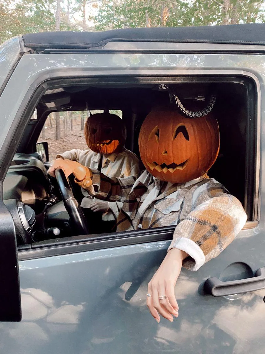Pumpkin Heads in Car Ready for Halloween Fun HD image
