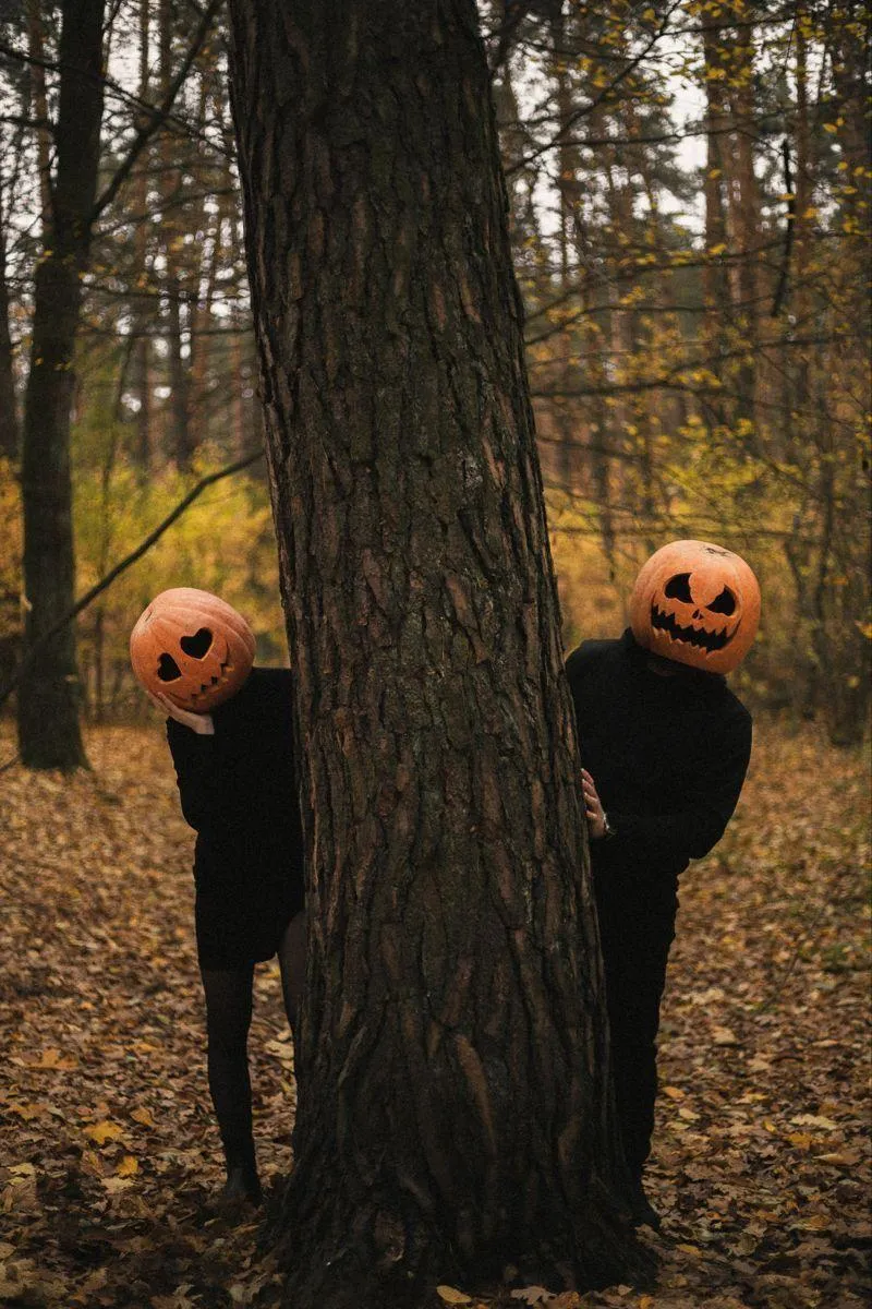 Pumpkin Heads Peeking from Behind a Tree in Fall Wallpaper