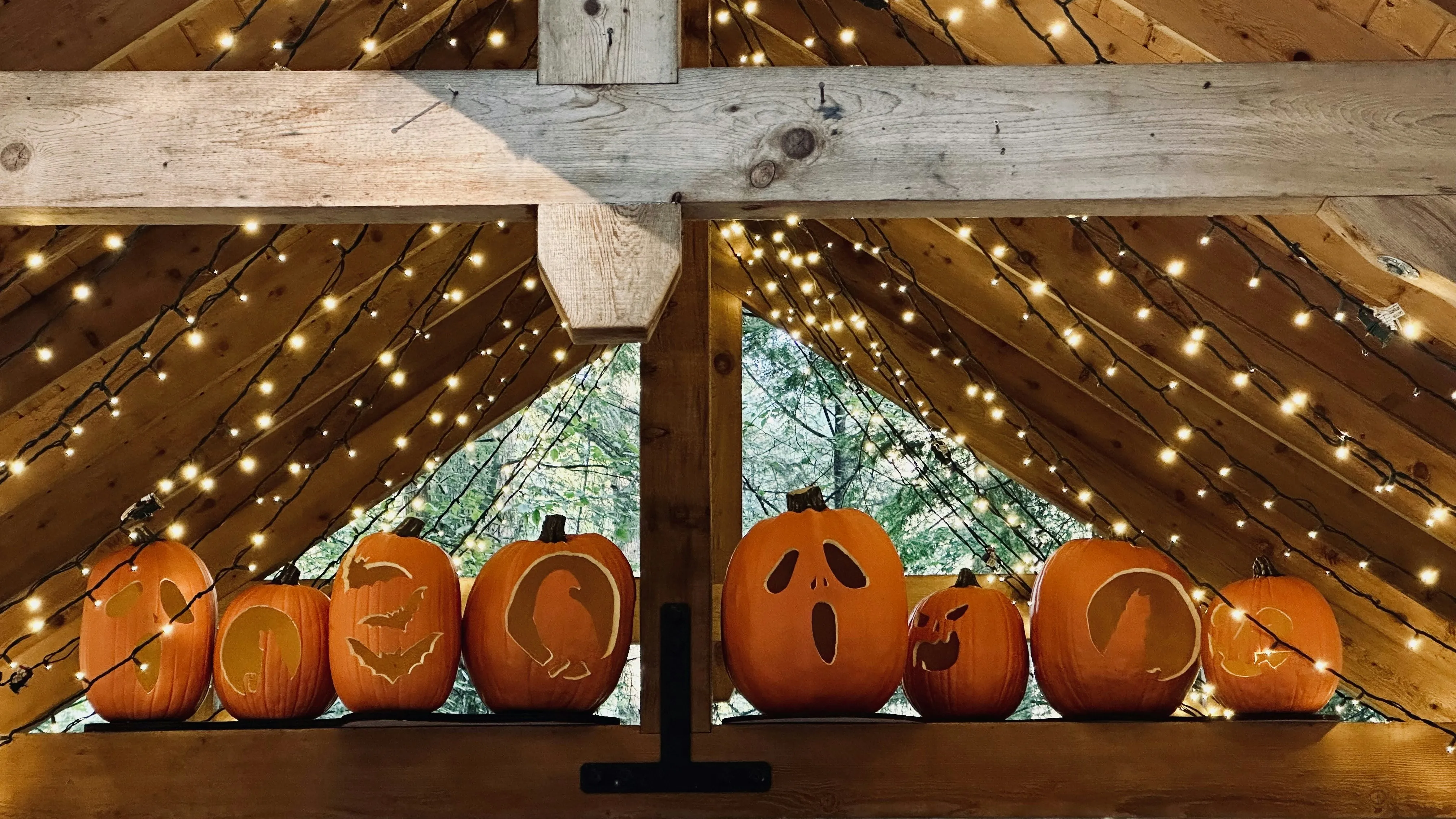 Pumpkins and String Lights on Rustic Barn Floor Wallpaper