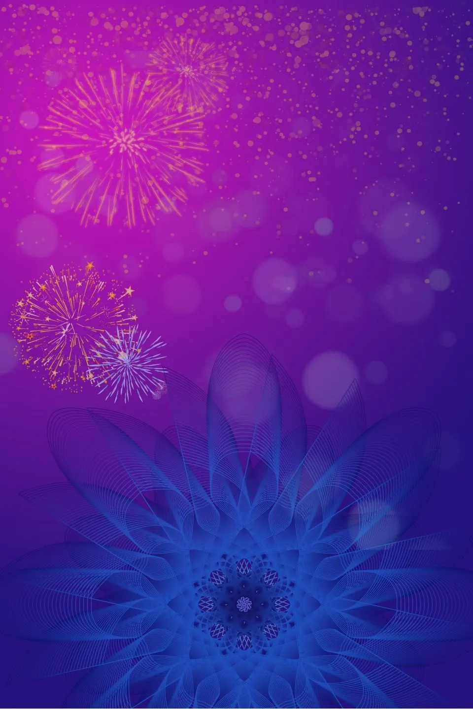 Purple and blue fireworks with a glowing star pattern