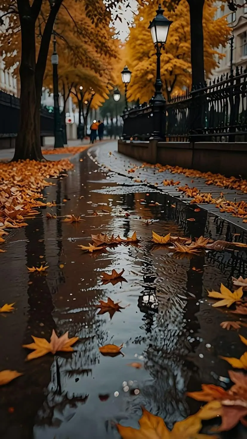 Rainy Autumn Street Reflecting Colorful Fall Trees Wallpaper