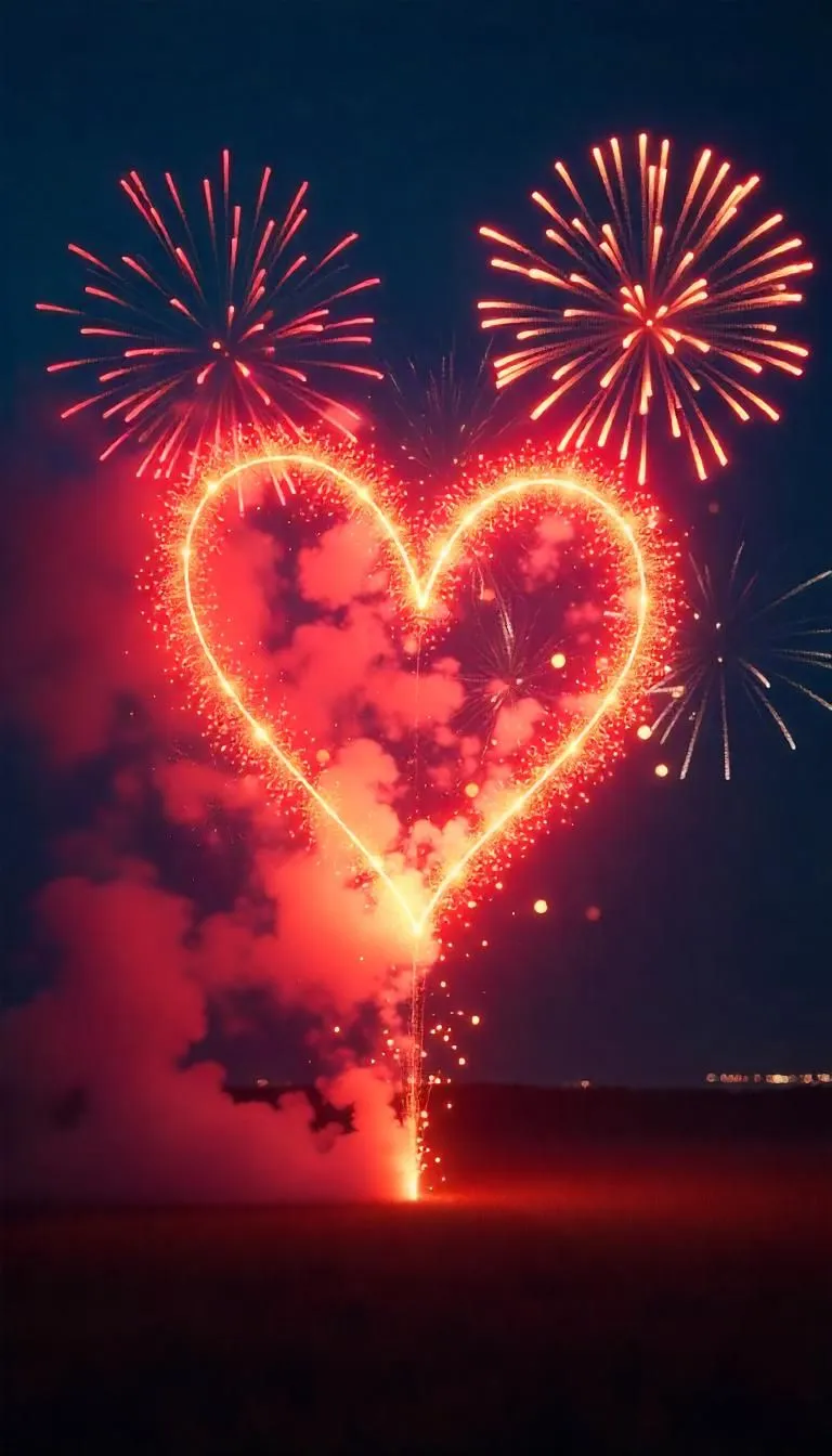 Red Heart shaped fireworks in the sky with bright colors