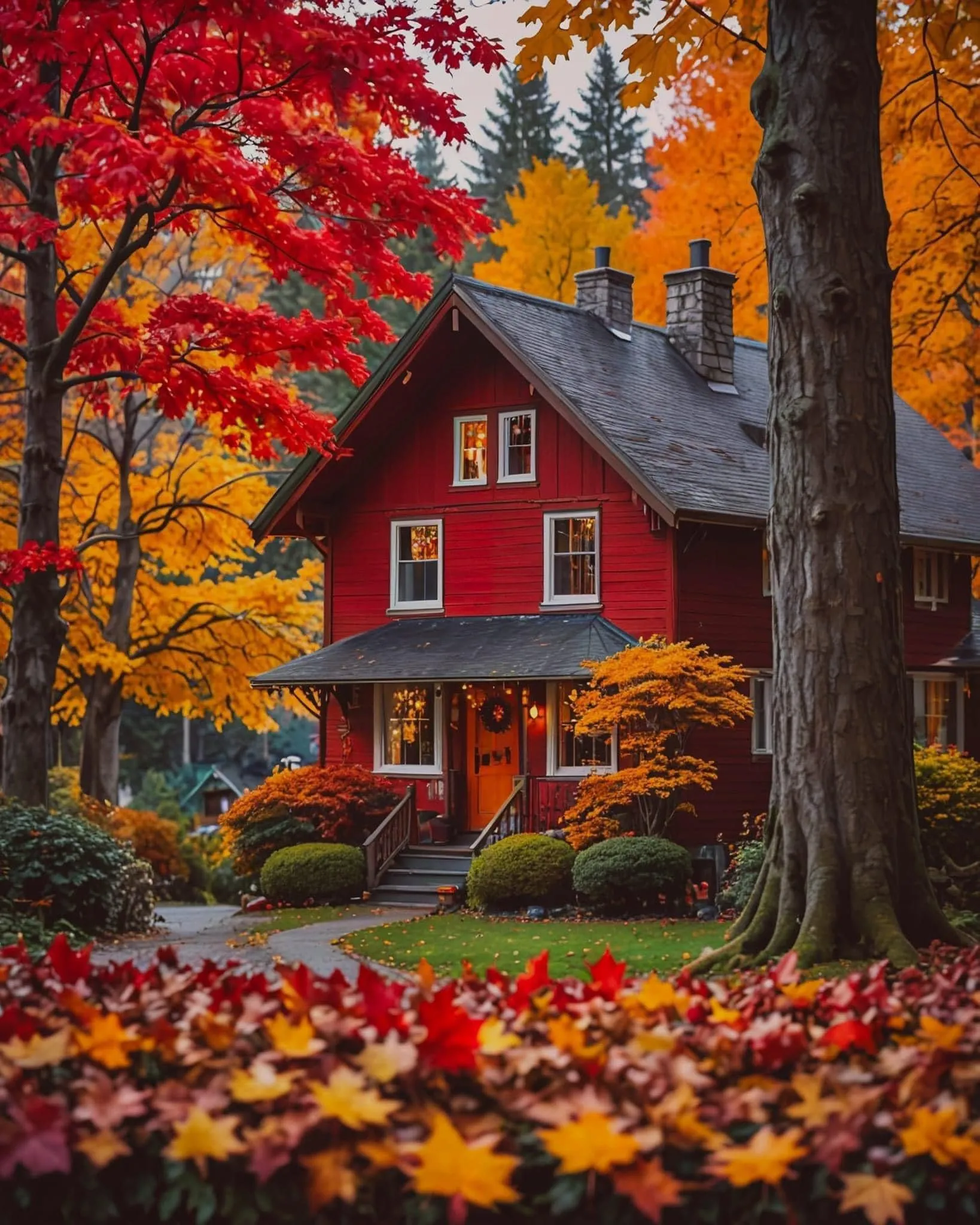 Red House Surrounded By Colorful Fall Trees and Pumpkins