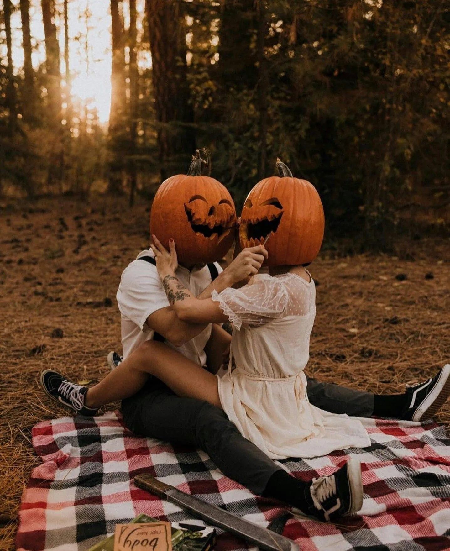 Romantic Picnic in Forest with Pumpkin Head Couple