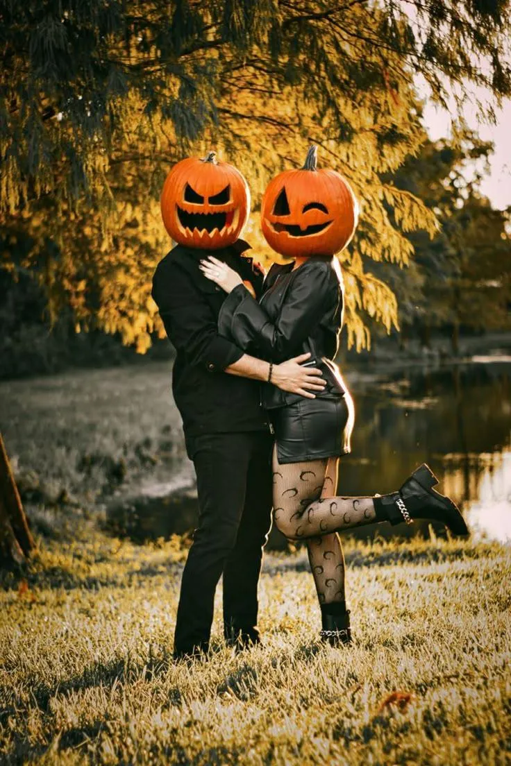 Romantic Pumpkin Head Hug Near a Lake HD Wallpaper