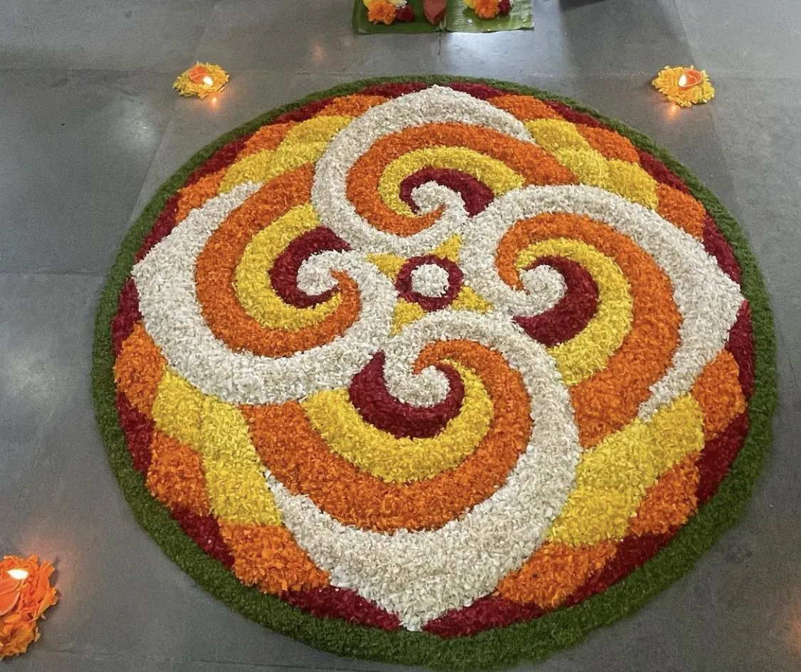Round Athapookolam with swirling floral design Wallpaper
