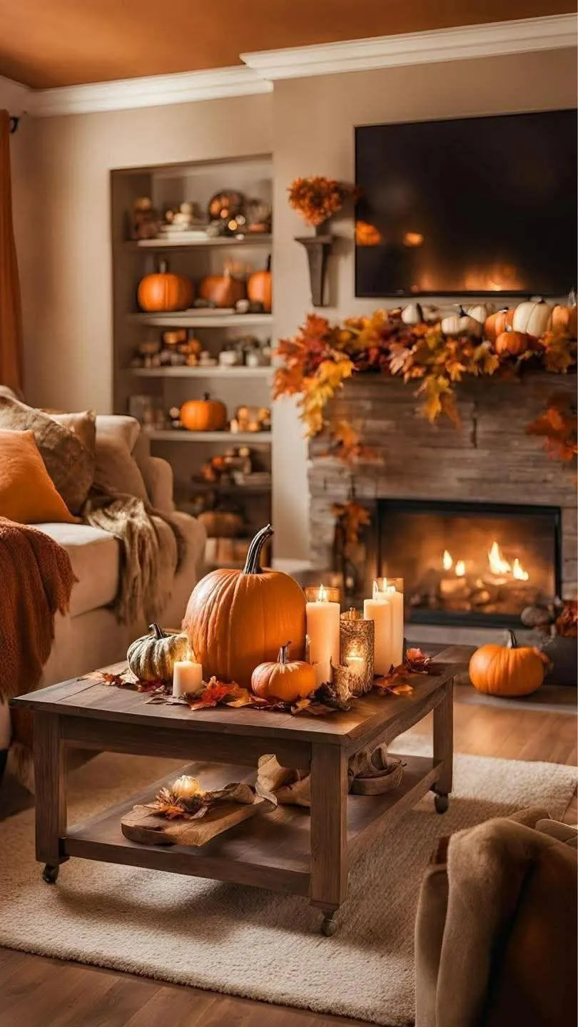 Rustic Coffee Table Decorated with Fall Items and Pumpkins