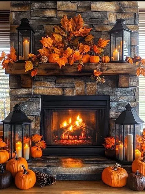 Rustic Fireplace Decoration with Pumpkins and Fall Leaves
