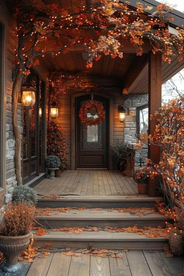 Rustic Front Porch with Autumn Garland and Warm Lights