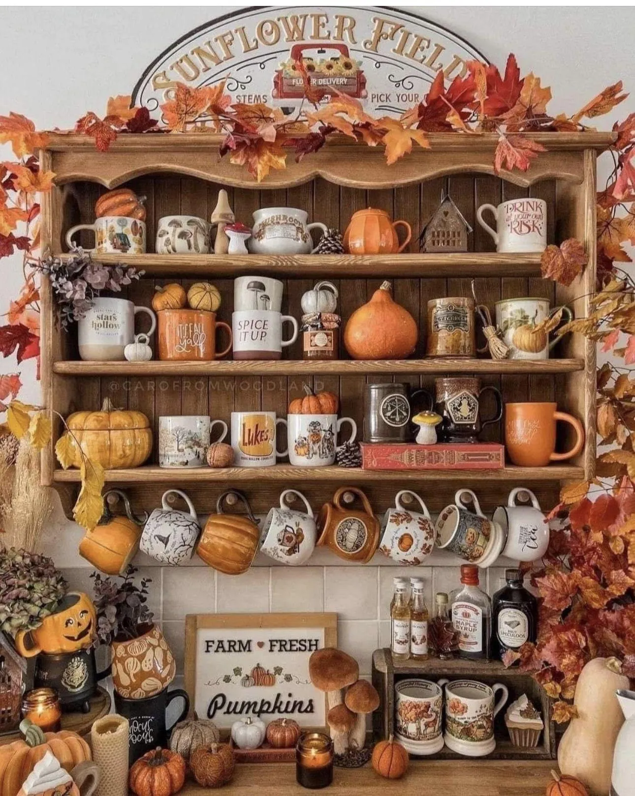 Rustic Kitchen Shelf with Pumpkin Mugs and Autumn Decor