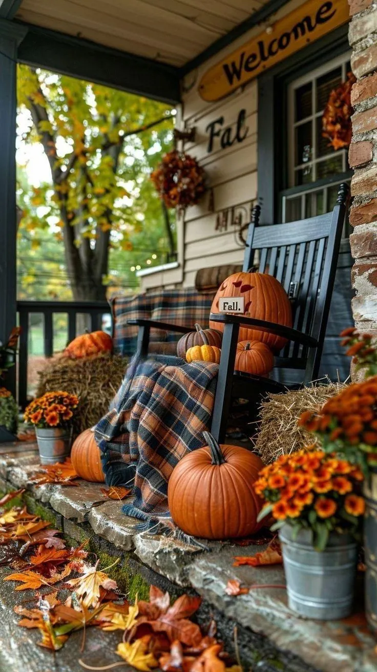 Rustic Porch with Rocking Chairs and Pumpkin Display