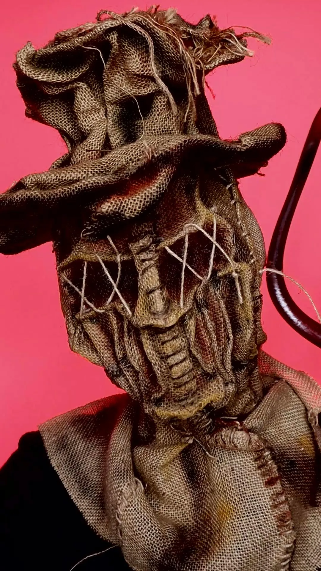 Scarecrow Themed Costume Against Bold Pink Background